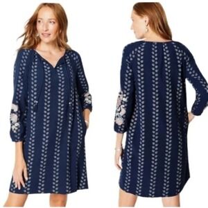 NWT J Jill‎ Women's Sz Mp Navy Blue Embroidered Sleeve Peasant Dress Tassel Boho